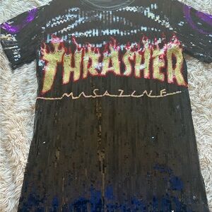 Thrasher Black Sequin Tee with Red and Yellow Logo